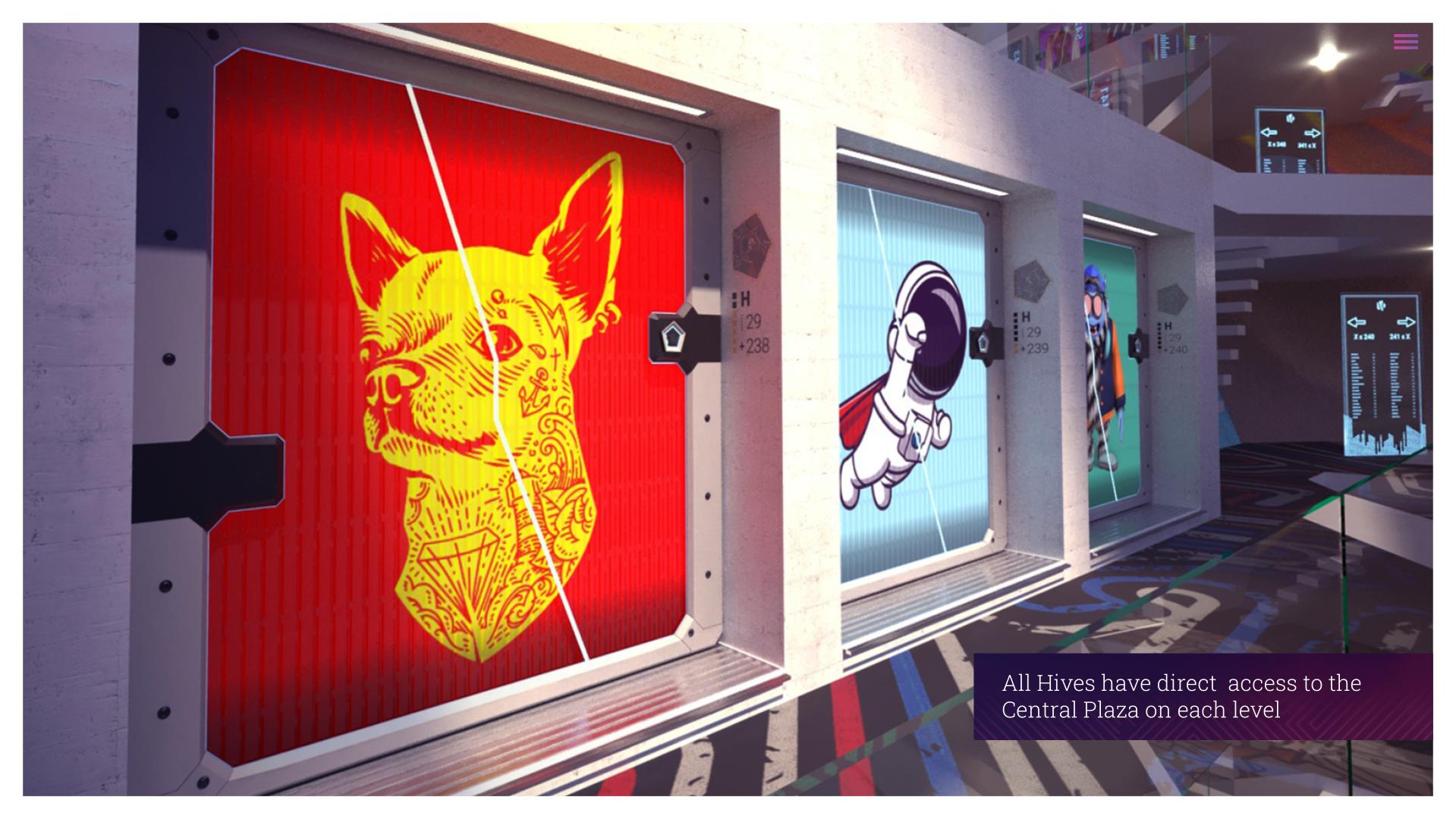 Hive VPads doors on Plaza in Vertikal Metaverse